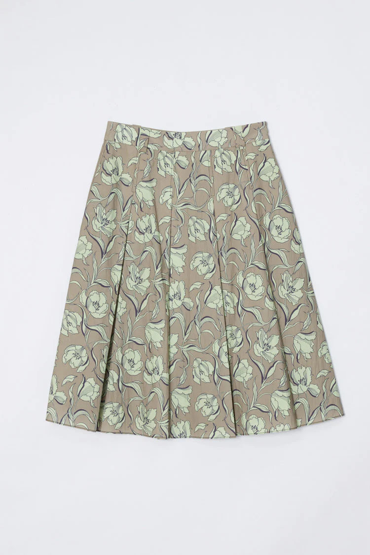 Pleated Knee Length Skirt - Sage Multi