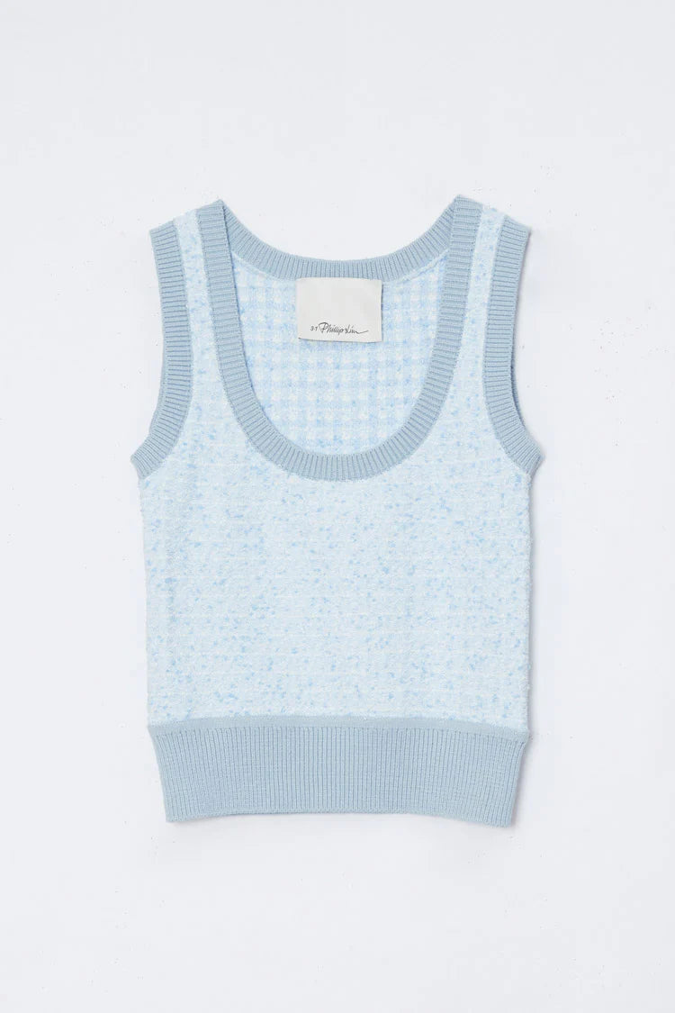 Tweed Boucle Scoop Neck Tank - Sky Blue