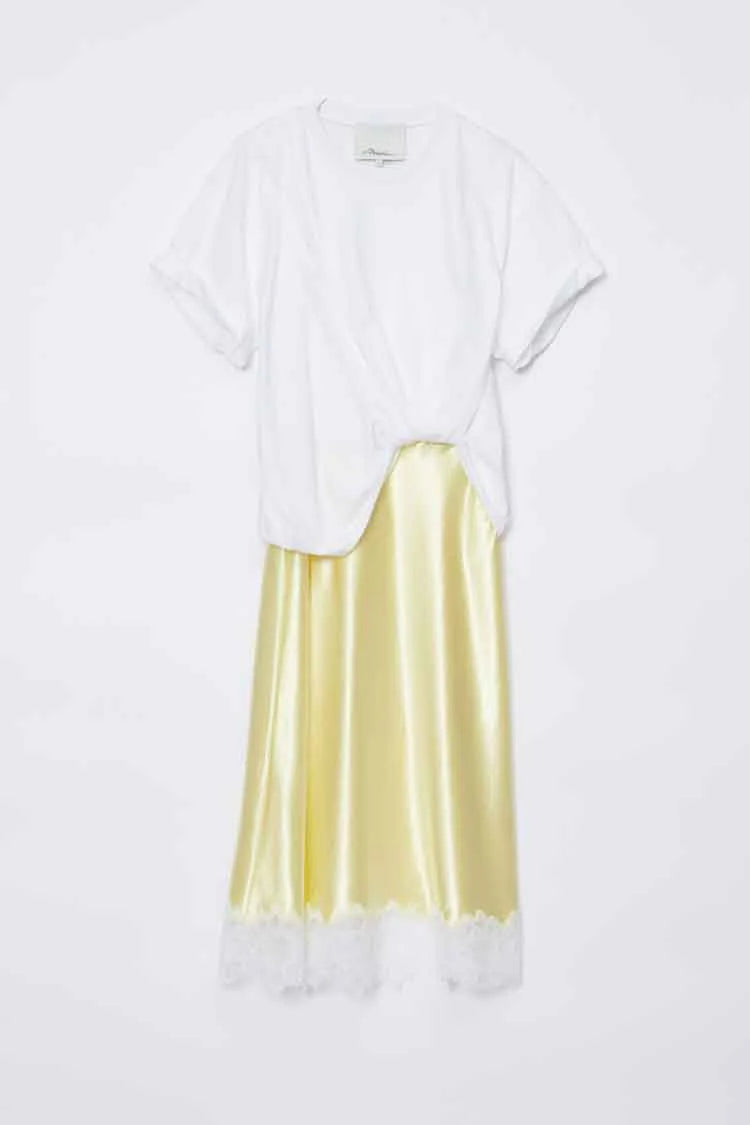 Draped T-Shirt Slip Combo Dress with Lace Trim - White/Yuzo