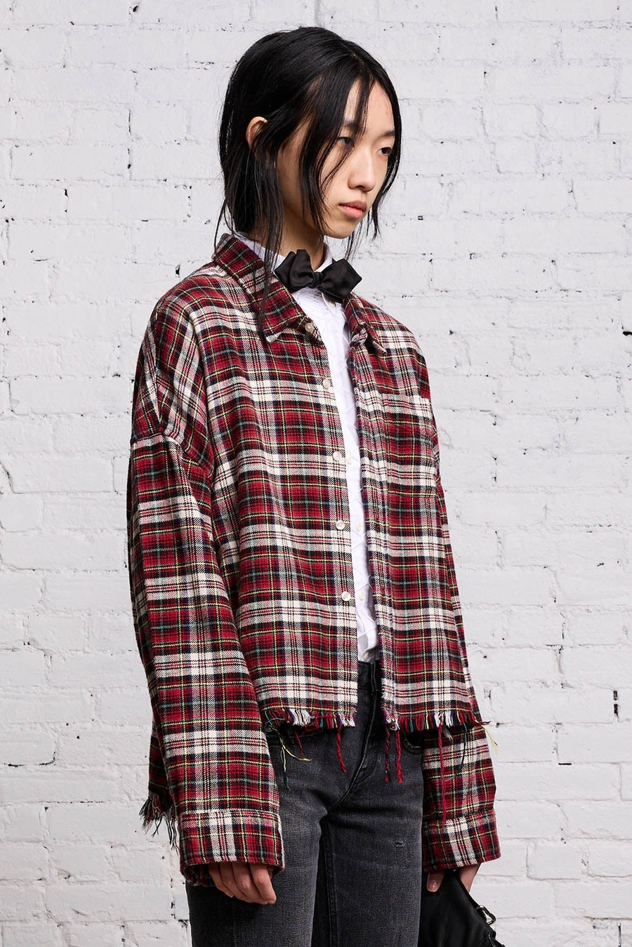 Drop Neck Cropped Shirt - Red Plaid