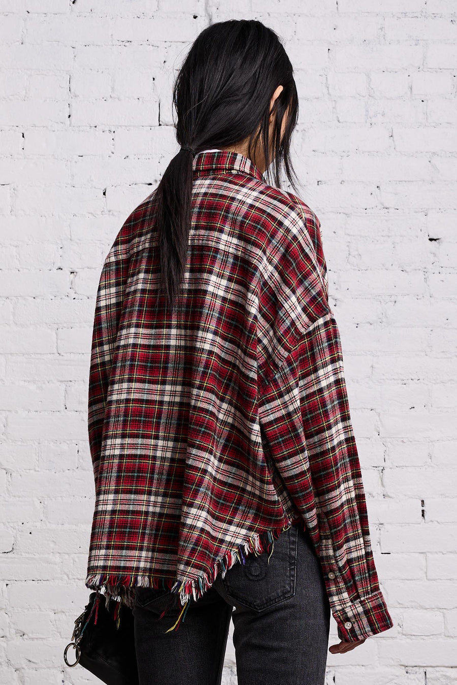 Drop Neck Cropped Shirt - Red Plaid