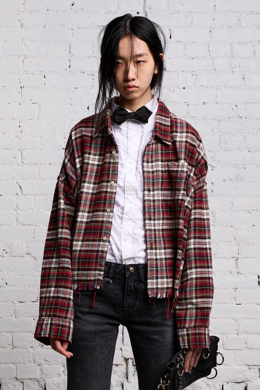 Drop Neck Cropped Shirt - Red Plaid