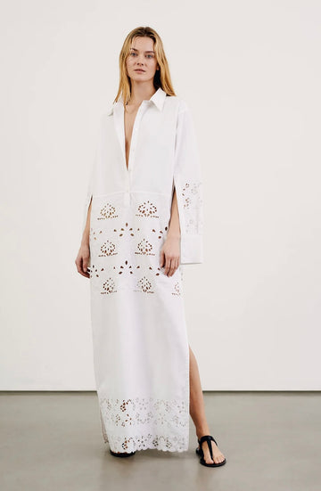 Louanne Embroidered Long Poplin Dress White