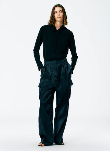 Shiny Nylon Pleated Stella Cargo Pant - Navy